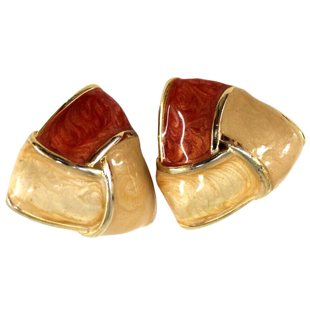 Vintage 1950s Inlaid Rust Beige Enamel Earrings • Goldtone • 1.5" • Clip On